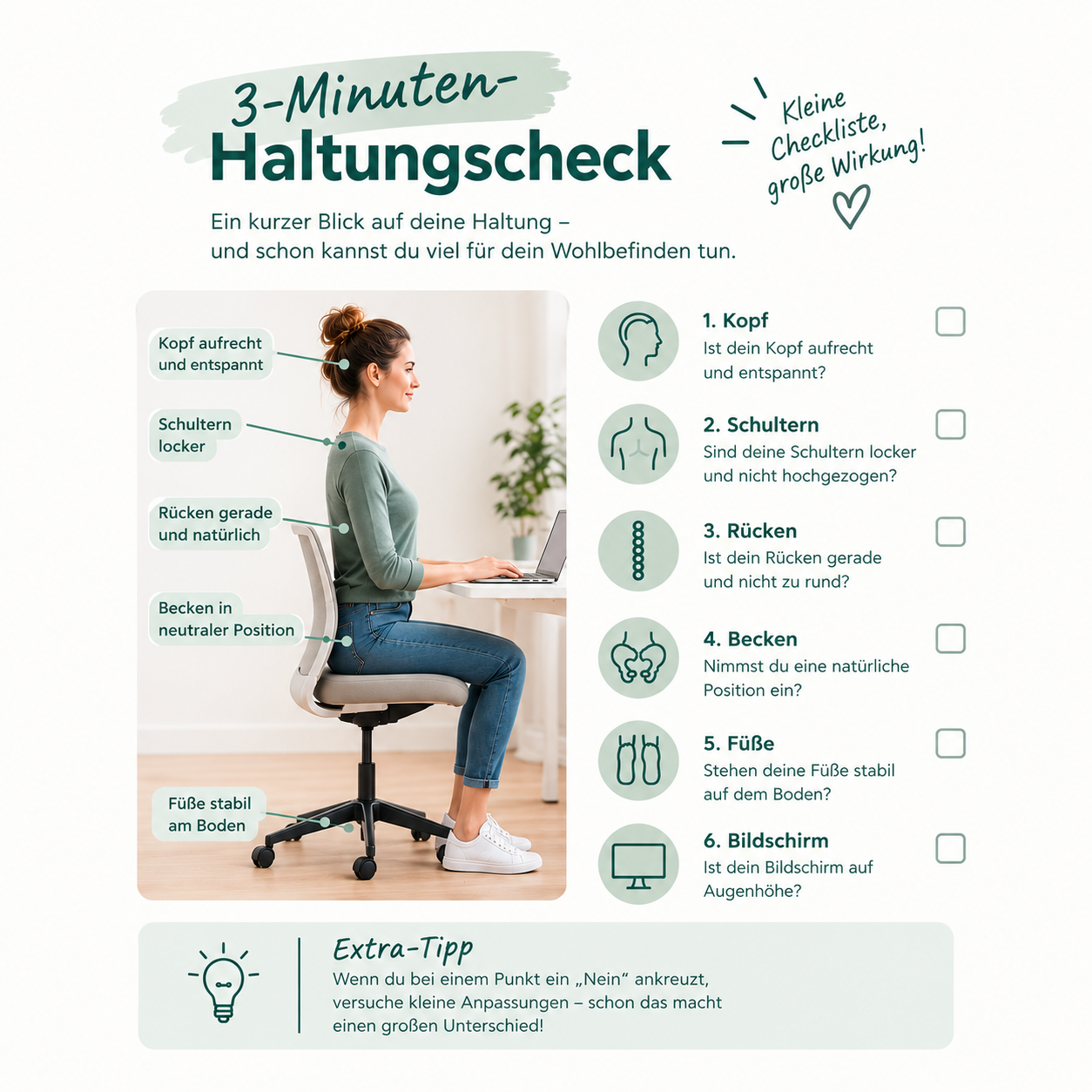 Visuelle Checkliste zum Thema 3-Minuten-Haltungscheck mit 6 Punkten zum Abhaken und dem Bild einer Frau, die am Schreibtisch sitzt